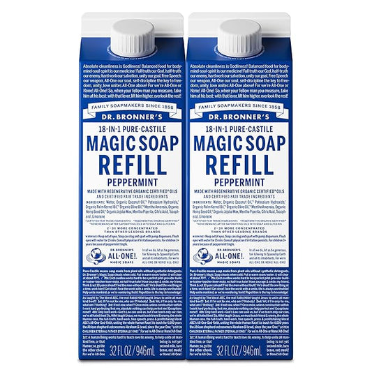 Dr. Bronner's Magic Soap-Pure-Castile Liquid Refill (Peppermint, 32 ounce, 2-Pack) - Regenerative Organic Certified Oils, For Body, Hair, Laundry, Pets & Dishes, Concentrated, Vegan, Non-GMO