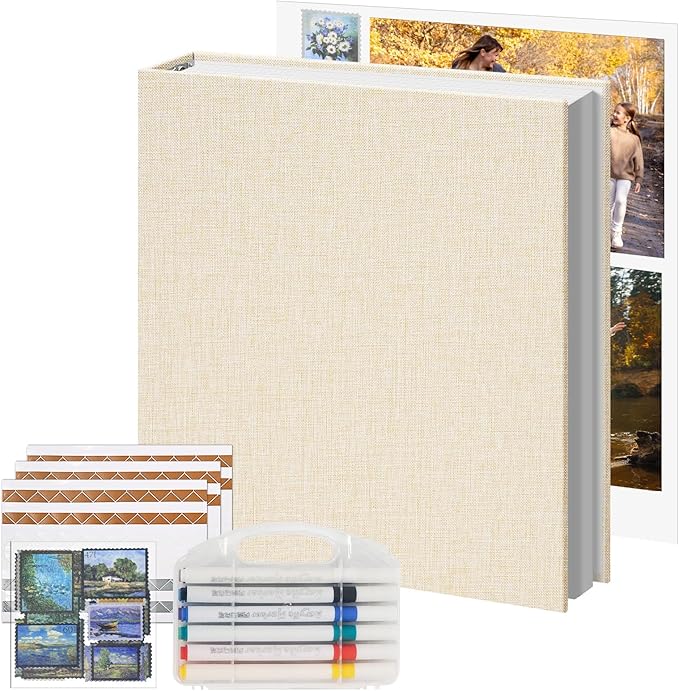 Vienrose Photo Album Scrapbook, 3 Ring 8" x 10" Linen Cover Kraft Paper Memory Book with 50 Sheets 100 Pages, Scrapbook Set for Wedding, Anniversary, Family, Travel, Beige