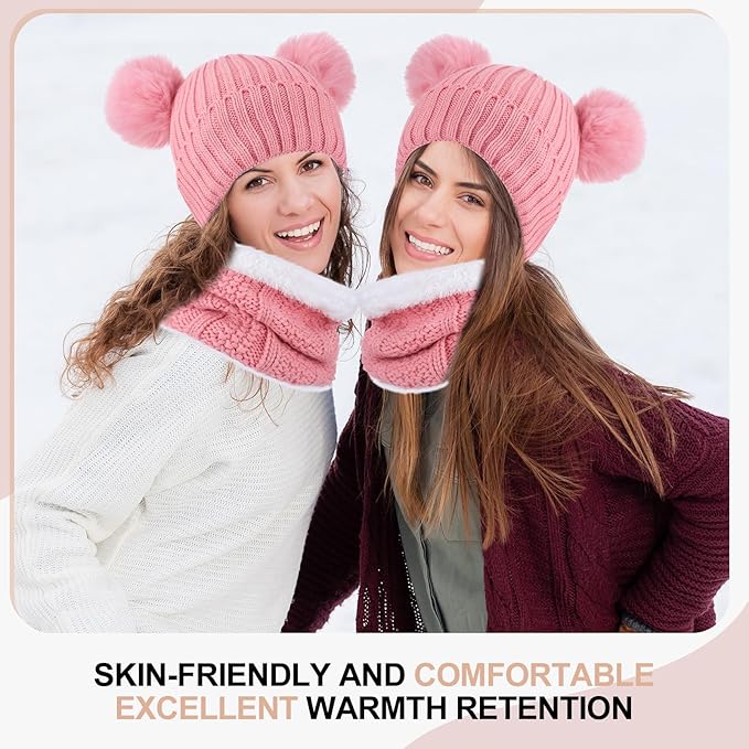 SATINIOR 5 Pcs Winter Hat Scarf Gloves Set Fleece Warm Lined Knit Beanie Hat Touch Screen Earmuff Gloves Warmer for Women(Pink,Cute Style)
