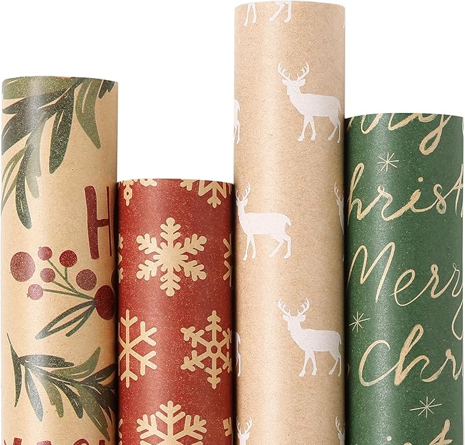 YANGTE Vintage Christmas Wrapping Paper - Brown Kraft Gift Wrap 4 Rolls, 17x120 Inch, Holiday Paper with Classic Red and Green Patterns for Xmas Gifts