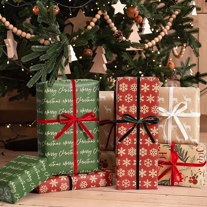 YANGTE Vintage Christmas Wrapping Paper - Brown Kraft Gift Wrap 4 Rolls, 17x120 Inch, Holiday Paper with Classic Red and Green Patterns for Xmas Gifts