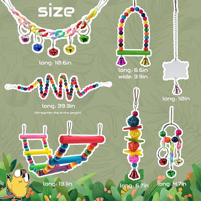 Parakeet Toys,7 Pcs Colorful Bird Toys for Parakeets,Pet Bird Cage Hammock Swing Climbing Ladders Chewing Toy Mirror Hanging Bell Wooden Perch for Budgerigar,Conures, Love Birds,etc | Swing Climbing Ladders Chewing Toy Mirror Hanging Bell Wooden Perch,...