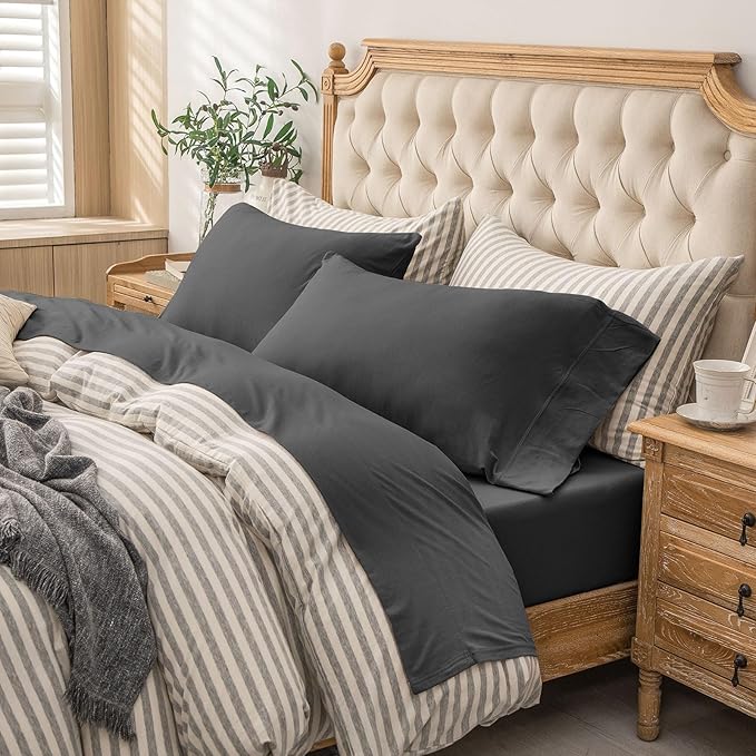 PURE ERA Jersey Knit 4pc Bed Sheet Set 100% T-Shirt Cotton Super Soft Comfy Breathable Fits Mattress Up to 20" Extra Deep Pocket (Solid Deep Grey, King)