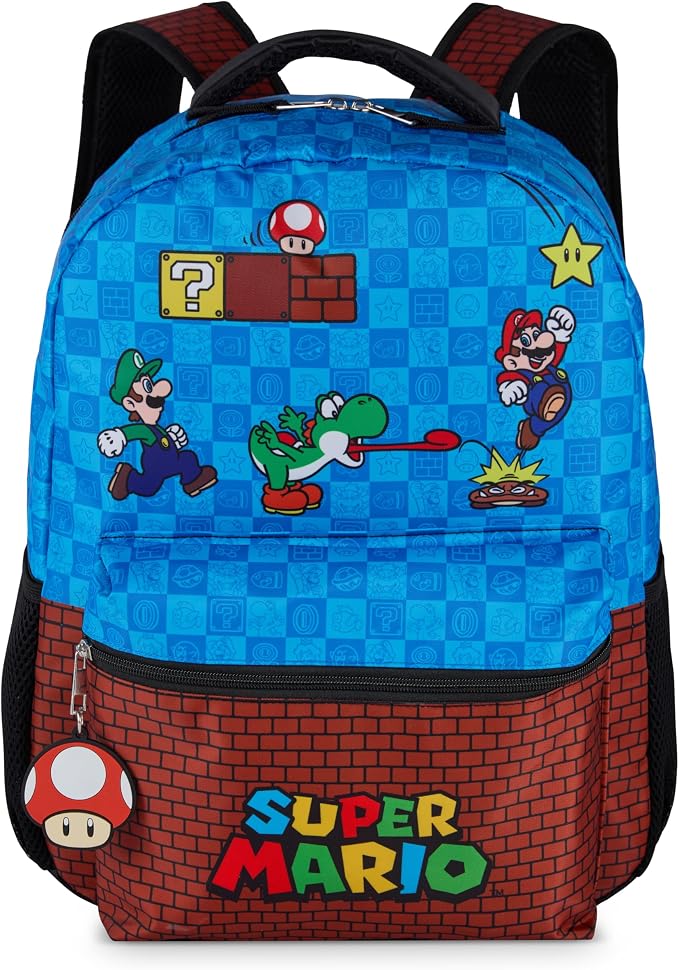 AI ACCESSORY INNOVATIONS Super Mario Brothers Backpack for Boys & Girls, 16 Inch Gaming Bookbag with Molded Toad Dangle, Blue, Featuring Mario, Luigi, Yoshi & Toad