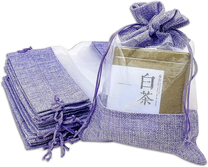 48-Pack Large Linen Burlap & Organza Gift Bags w. Drawstrings (6.5x8.5 in, Lavender) - Party Favors, Presents, Samples & Treats Mesh Pouch by The Display Guys