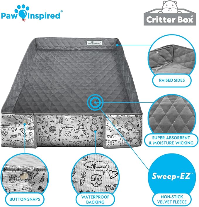 Paw Inspired Critter Box Cage Liner, Raised Sides, C&C 2x3 Size | Washable Fleece Bedding for Guinea Pigs Rabbits, Hamsters, Small Animals, Edge Protected Pee Pads