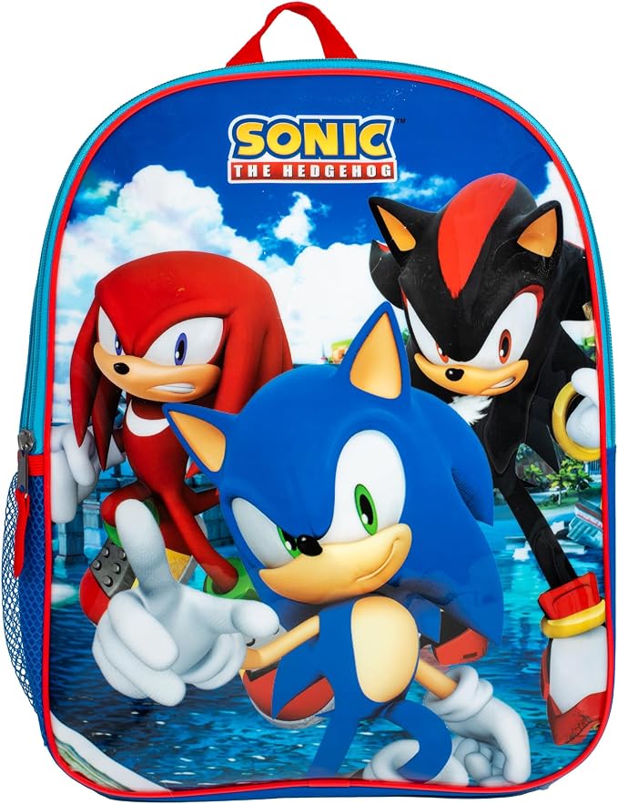 AI ACCESSORY INNOVATIONS Sonic The Hedgehog Kids Backpack, Sonic, Knuckles, Shadow 15" School Bag for Girls & Boys, Blue