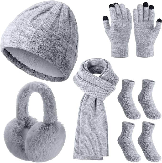 Geyoga 6 Pcs Winter Knit Set Beanie Hat Long Scarf Touchscreen Gloves Ear Muff Socks Warm Valentine Gift for Women Men Snow(Grey,Chic Style)