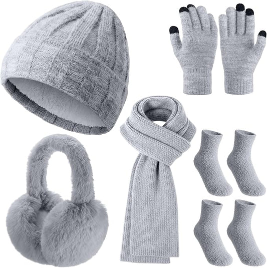 Geyoga 6 Pcs Winter Knit Set Beanie Hat Long Scarf Touchscreen Gloves Ear Muff Socks Warm Valentine Gift for Women Men Snow(Grey,Chic Style)
