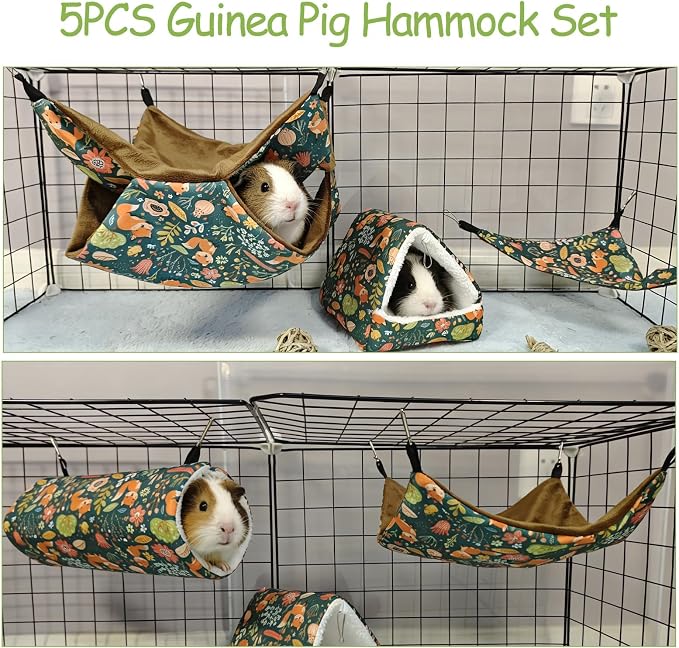 kathson 5 PCS Guinea Pig Hammock Set, Washable Rat Hammock, Guinea Pig Hideout Bed Soft Hamster Hanging Tunnel Mats Small Pets Cage Accessories for Chinchilla, Sugar Glider, Squirrel(Green)