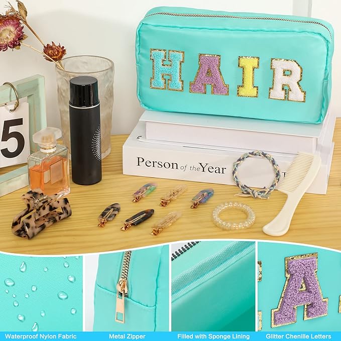 DYSHAYEN Nylon Cosmetic Bag Preppy Hair Makeup Bag for Women Travel Toiletry Organizer with Chenille Letter Patches (Mint-HAIR)
