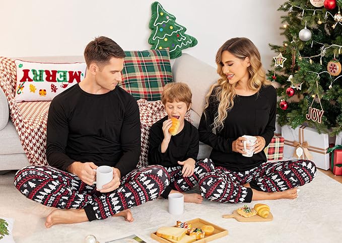 Ekouaer Family Matching Pajamas Christmas Sleepwear Long Sleeve Sleep Shirt with Plaid Pants Soft Loungewear Pjs Set S-XXL