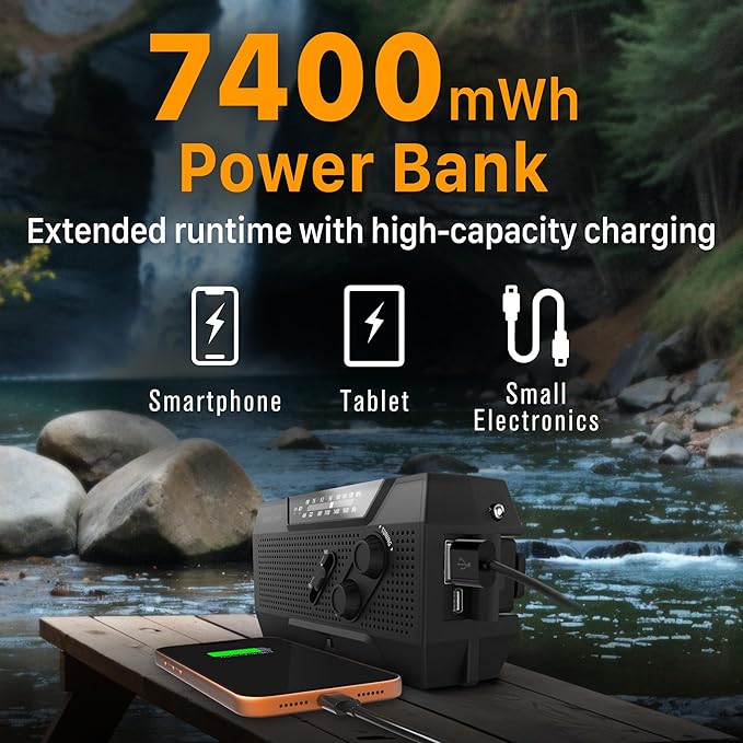 FosPower NOAA Emergency Weather Radio A1 7400mWh Portable Power Bank, AM/FM, USB/Solar/Hand Crank Charging, Battery Operated, SOS Alarm & Flashlight for Indoor/Outdoor Emergency - Black
