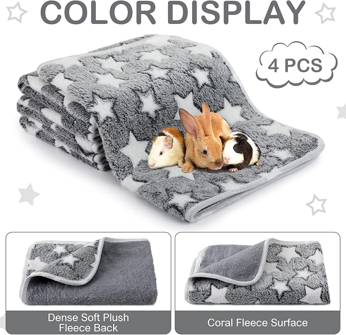 Reginary 4 Pcs Guinea Pig Fleece Blankets, Gray Star, 24 x 16 Inch | Waterproof Washable Cage Liners, Absorbent Double Layer Bedding for Guinea Pigs, Reusable Pads for Hamsters Rabbits