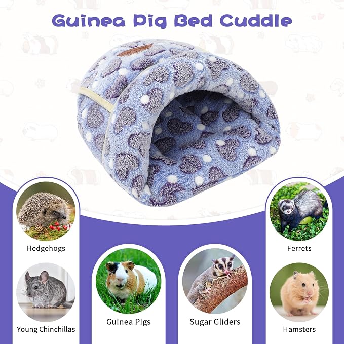 YUEPET Guinea Pig Bed, Warm Fleece Cuddle Cave, Purple Heart | Guinea Pig Cuddle Cave Cozy House, Portable Guinea Pig Hideout, Washable Cushion Pad, Folds Flat for Storage