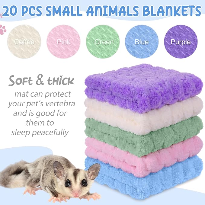 Moukeren 20 Pcs Guinea Pig Fleece Bedding Blankets Bulk Washable Small Animal Fleece Cage Liners Pet Sleeping Mat Cover for Hamster Chinchilla Rabbit Hedgehog(12 x 12 Inch,Cloud Style,Bright Color)