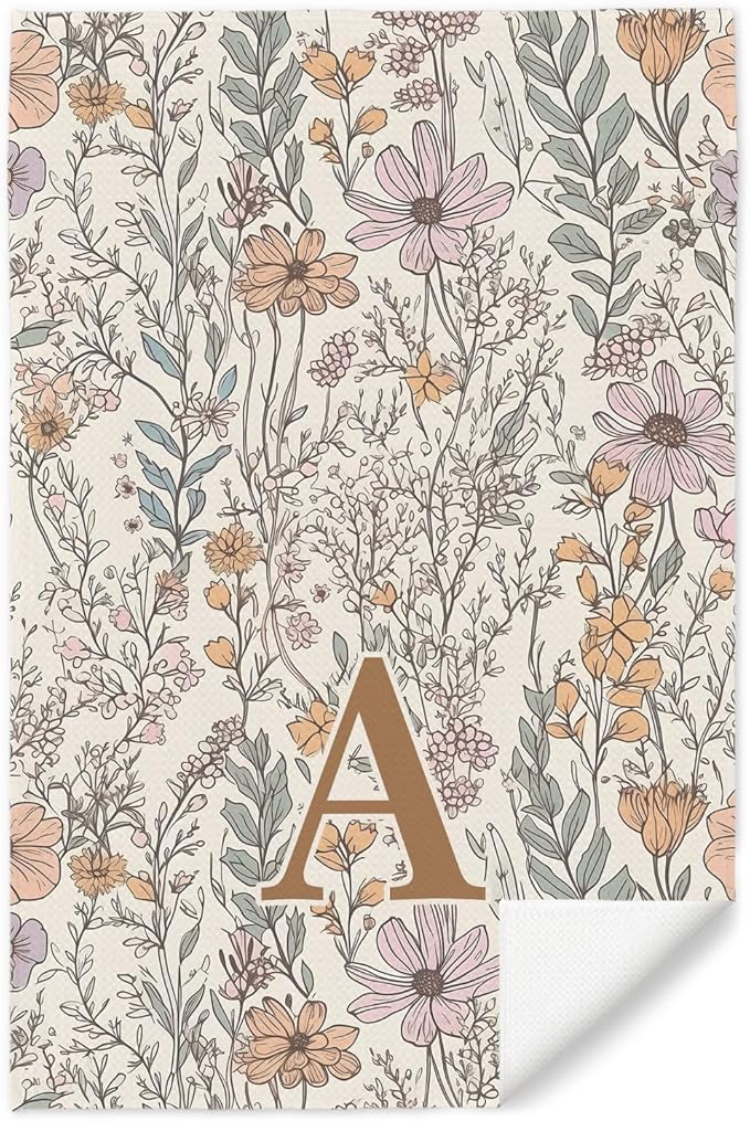 Initial A Personalized Floral Kitchen Towels Dish Towel, Custom Hand Towels for Bathroom, Monogrammed Gifts for Women Mom, Boho Floral Decorative Kitchen Towels Tea Towel, 16x24 Inch