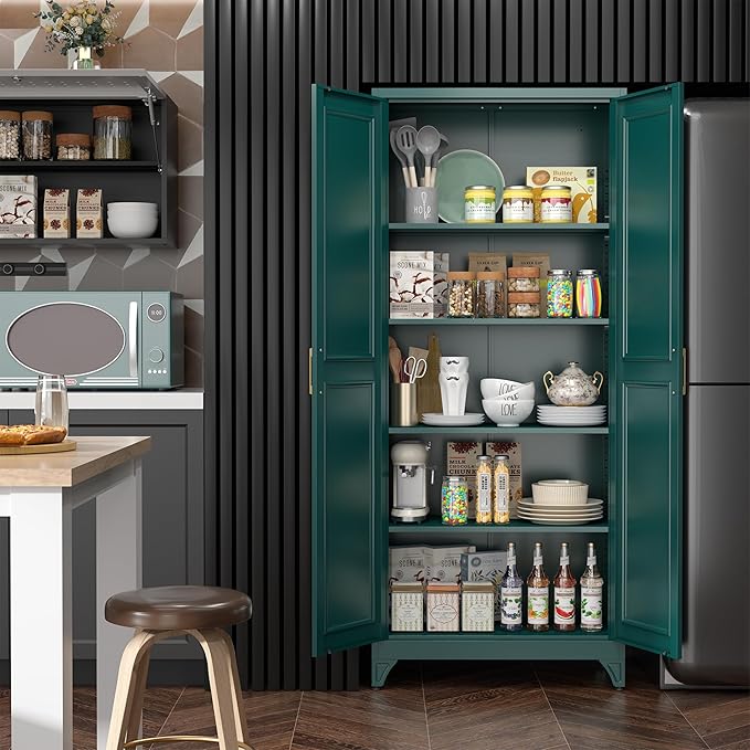 Kitchen Pantry Cabinet,75" Green Metal Storage Cabinets with Doors and 4 Adjustable Shelves,Kitchen Cabinet with 2 Gold Handles,Tall Cabinet for Livingroom,Pantry, Bathroom
