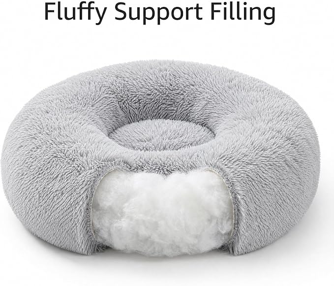 Calming Donut Small Dog Bed for Chihuahua Yorkie Maltese Shih Tzu | 19 Inch Washable Puppy Bed,Ultra Soft Faux Fur Round Dog Bed,Grey
