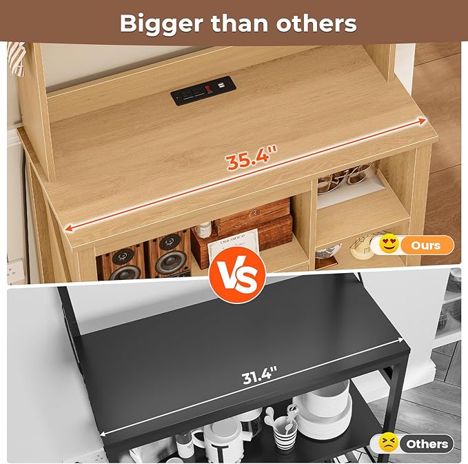 Itaar 35.4 inch Bakers Rack with Power Outlet and Storage, Farmhouse Coffee Bar Cabinet, Microwave Stand Kitchen Cabinet with Hutch, LED Lights, Wine Glass Holder and 8 Hooks, Oak