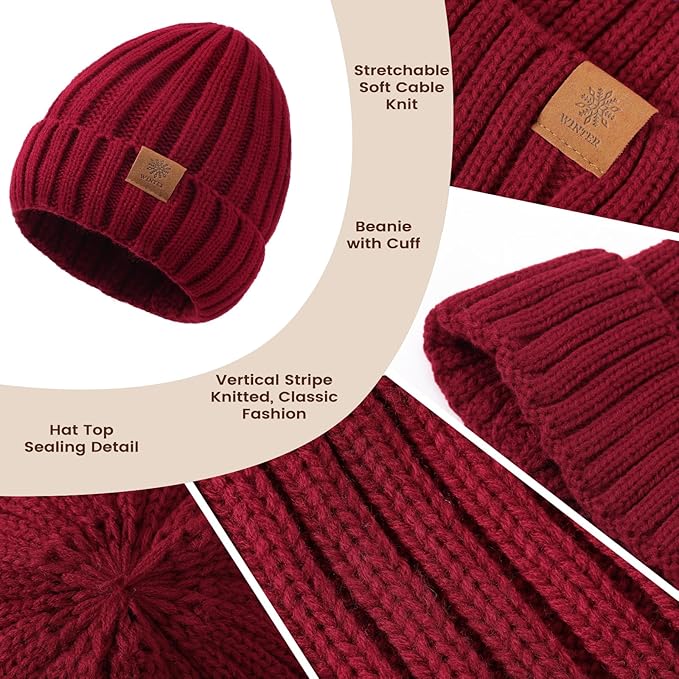 Women Winter Hat Beanie+Long Scarf+Touch Screen Gloves Set, Warm Clothes Set with Knit Fleece Lined for Women/Men Winter
