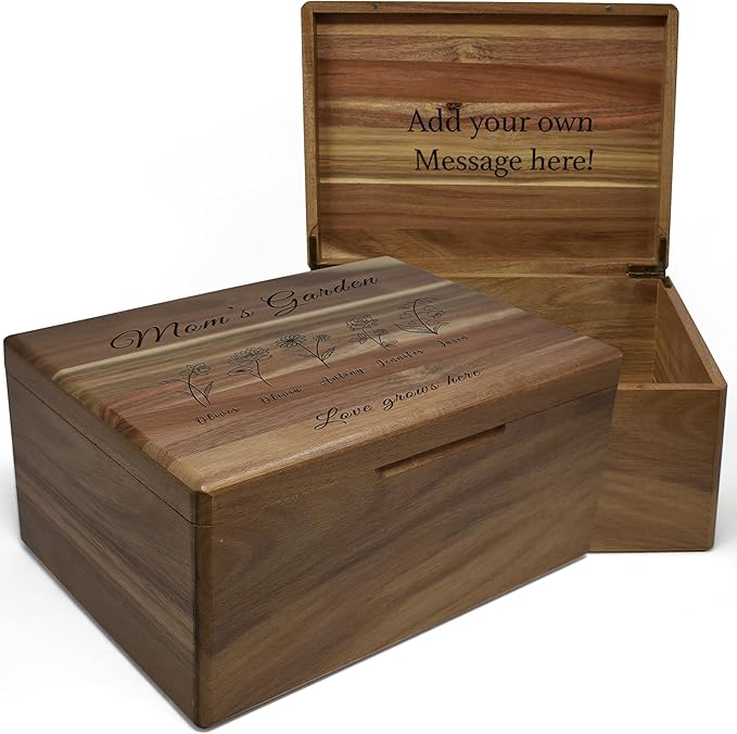 Mother's Garden Mom Day Gift - Personalized Gift for Mom, Custom Grammie Garden Gifts Birth Flowers, Wooden Storage Box with Hinged Lid, Mother's Day Gifts, Unique Christmas Gifts, 11.5x8.5x5.5 in