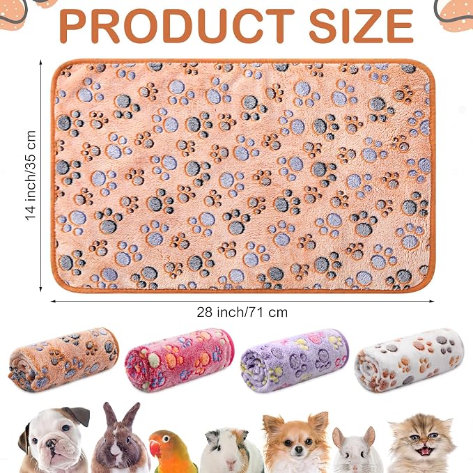 Reginary 4 Pcs Guinea Pig Fleece Blankets, Paw Print, 28 x 14 Inch | Waterproof Washable Cage Liners, Absorbent Double Layer Bedding for Guinea Pigs, Reusable Pads for Hamsters Rabbits