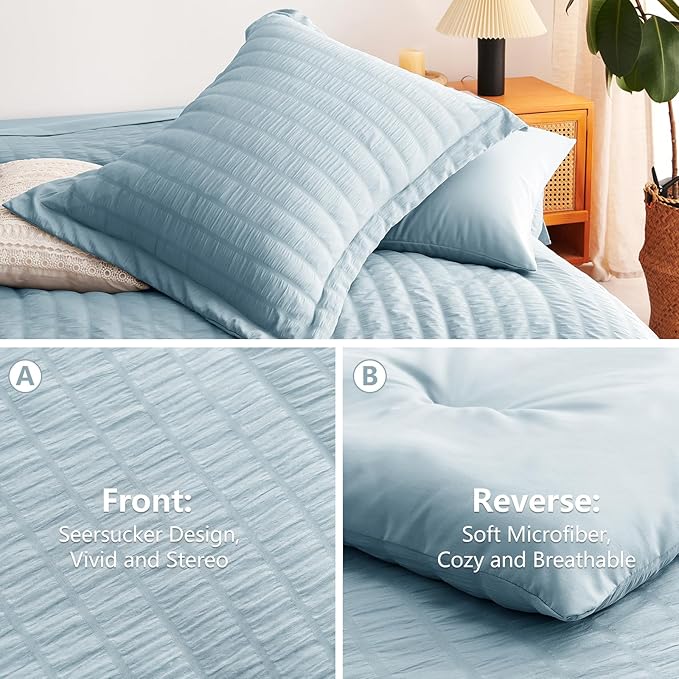 CozyLux King Size Comforter Set Light Blue Seersucker 7 Pieces Bed in a Bag King Comforter Set with Sheets, Luxury Bedding Set with Down Alternative Comforter, Sheets, Pillowcases & Shams All Seasons