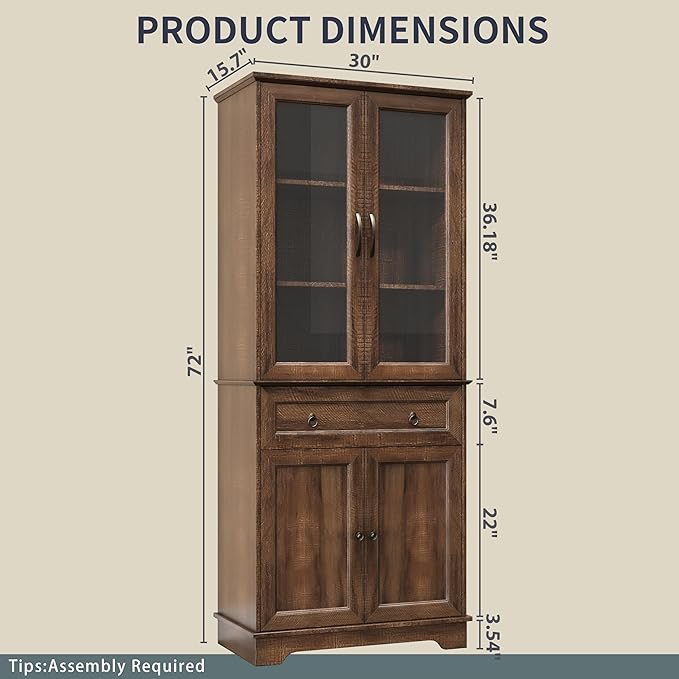 Fatmok 72" Tall Kitchen Pantry Storage Cabinet with Glass Door,Kitchen Hutch Cabinet with 4 Door & 1 Drawer, Farmhouse Food Pantry for Living Room, Dining Room, Office, Brown
