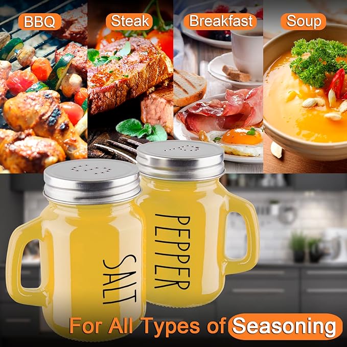 Yellow Salt and Pepper Shakers Set - Yellow Kitchen Decor and Accessories for Home Restaurants Wedding - Glass Salt and Pepper Set for Cooking Table, RV, BBQ, Easy to Clean & Refill