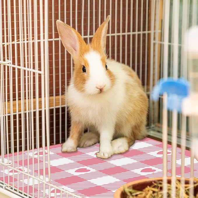 JarThenaAMCS 3 Pcs Checkered Guinea Pig Pee Pads 24 x 47 in Pink White Heart Reusable Bunny Squirrel Mat Washable Small Animal Cage Liner for Valentine's Day Rabbit Hamster Chinchilla Ferret Rat