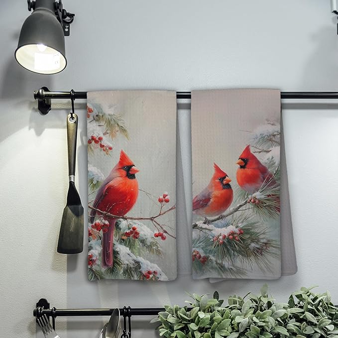 Winter Christmas Cardinal Snowy Woodland Kitchen Hand Towels,Red Bird Holly Berries Dish Towels for Kitchen Home,Vintage Rustic Winter Hand Towel Decorative Set for 2