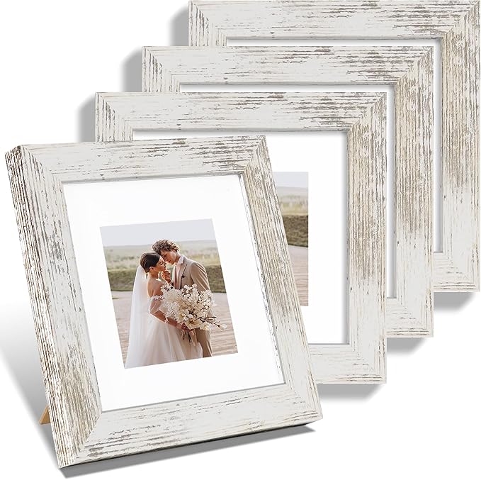 6x6 Picture Frame Set of 4, Made of Glass and Distressed White Wooden Frame - Display Picture 4x4 with Mat or 6 x 6 Without Mat, 6x6 Photo for Wall or Tabletop