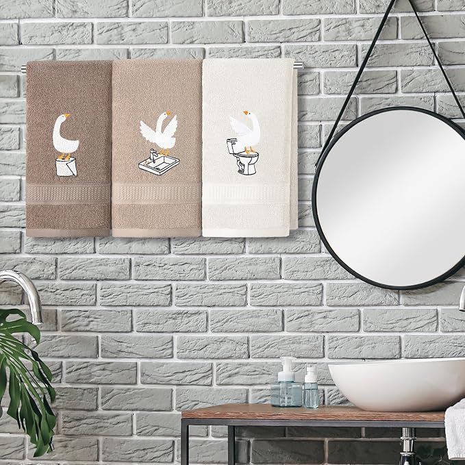 3 Pcs Silly Goose Hand Towels Geese Gifts Funny Bathroom Decor | Brown Farmhouse Decorative, 100% Cotton Embroidered Towels for Bathroom Kitchen Decor, 13.3 x 29.5''
