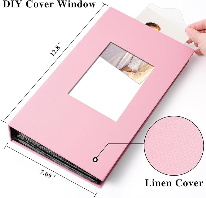 Photo Album Holds 300 Pockets with Linen Cover and Customizable Window, Fits 4x6 Photos, Archival Black Pages, Pink