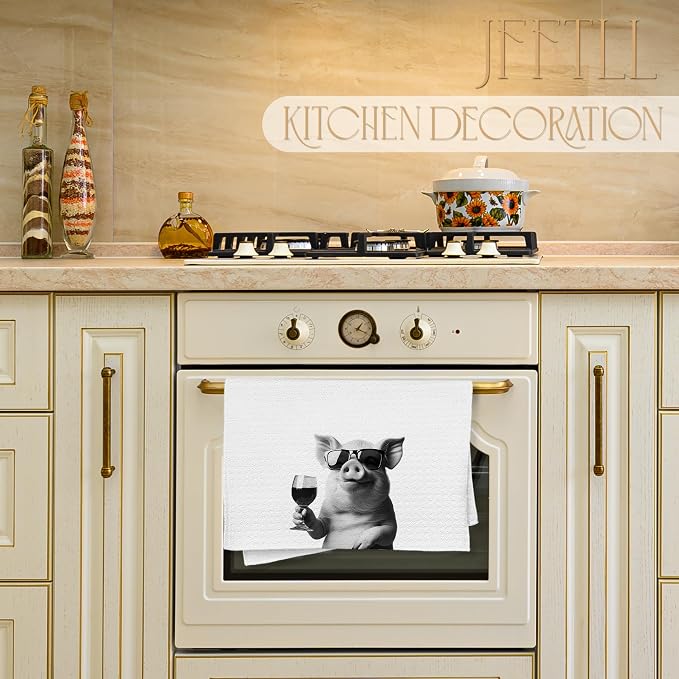 Pig Decor Kitchen Towels, Pig Gift Dish Tea Towel for Kitchen Decor, Bar Towels for Bartender, Wine Lover Gifts, 16x24 Inch