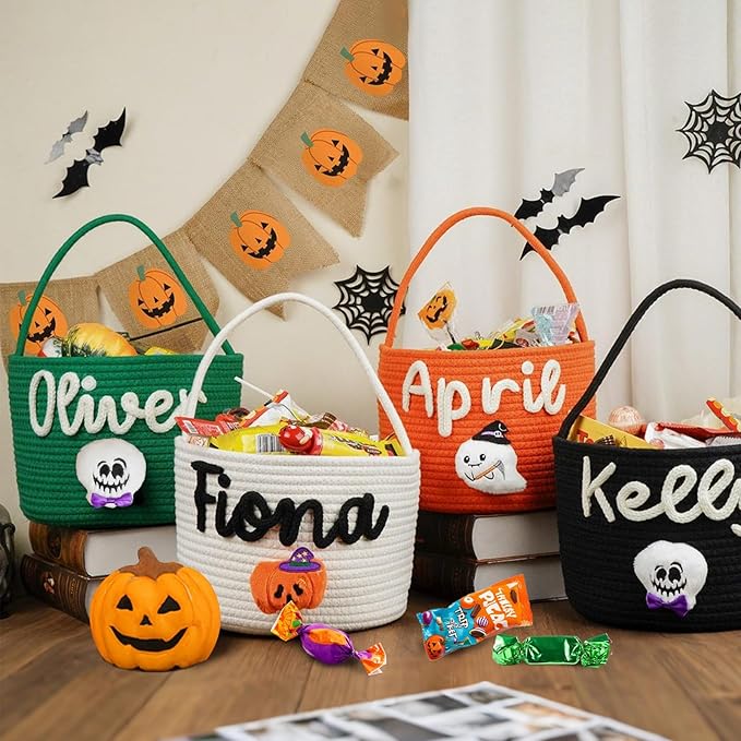 Personalized Halloween Baskets Gift for Kids, Custom Woven Candy Bucket with Name, Halloween Trick or Treat Basket