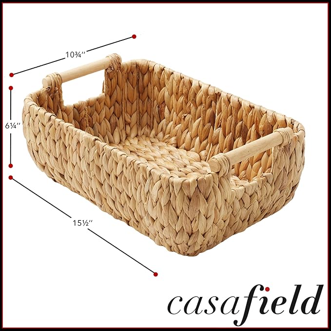 Casafield Set of 2 Water Hyacinth Oval Storage Baskets with Wooden Handles - Medium, Woven Bin Organizers