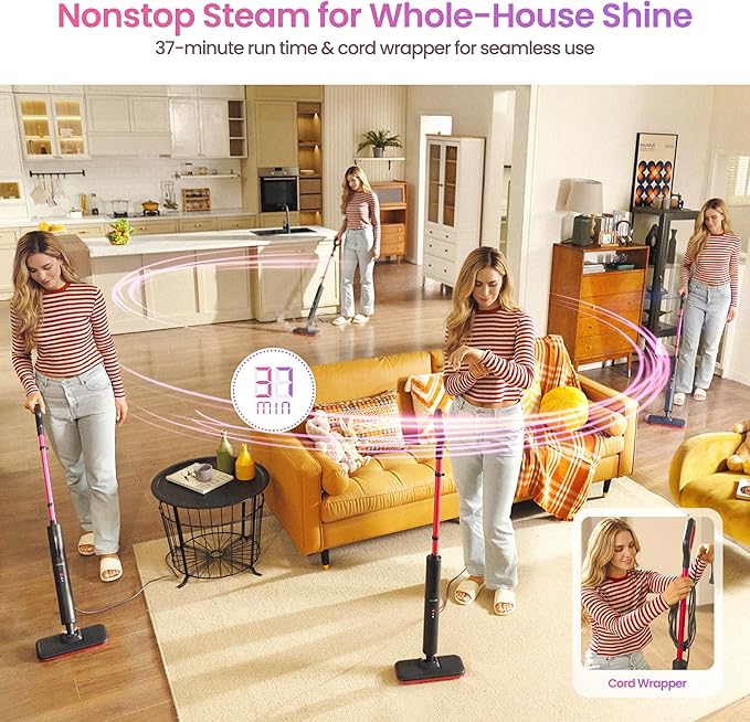 Schenley Steam Mop Cleaner Powerful - 15s Fast Heat-Up, Chemical-Free for Hardwood/Tile/Laminate & Floors/Walls, Washable Pads, 3 Modes for Carpet, Lightweight, Self-Standing, Sleek Design