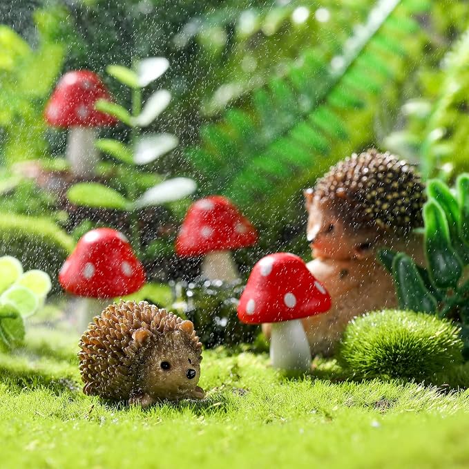 Queekay Fairy Garden Hedgehog Miniature Figurines, Resin Mushroom Decor | Hedgehog & Mushroom Set, Plant Pot Bonsai Accent, Miniature Fairy Garden Figurines, Resin Craft, Indoor Outdoor Scene