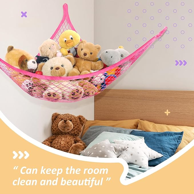 Lazebox Stuffed Animal Net Hammock for Plushie Toys, Stuffed Animal Hammock Corner for Kids' Room Decor, Ideas for Organizing Stuffy Collection, 2 Pack, Pink