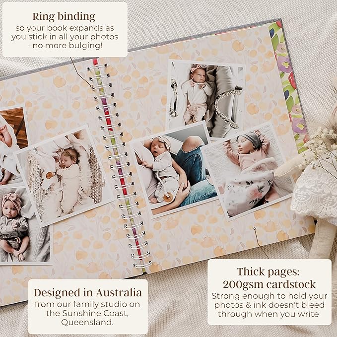 Peachly Baby Memory Book For Girls, First Year Baby Book Keepsake for Milestones, Linen Baby Keepsake Book First Year Memory Book (Botanica)