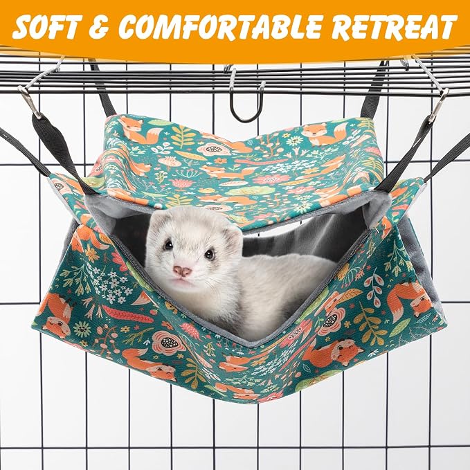 Ondware 2-Pack Ferret Hammock and Tunnel Set, Washable Cage Toy | Soft plush fabric, bunkbed design, metal hooks, 13.4 x 13.4 in hammock, 18 x 9 in tunnel for ferrets and small pets