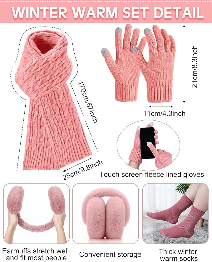 Geyoga 6 Pcs Winter Warm Fleece Knit Hat Long Scarf Touchscreen Gloves Ear Muffs Socks Sets, Winter Warm Gifts for Women