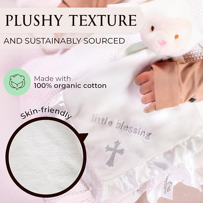 Lamb Lovey, Baptism Gifts for Girl & Boys - Loveys for Babies, Soft Embroidered Baby Blanket with Cross, Baptism Blanket for Newborns & Toddlers, Organic Cotton,14 inch