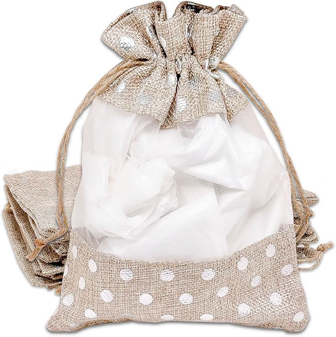 12-Pack Large Linen Burlap & Organza Gift Bags w. Drawstrings (6.5x8.5 in, Beige/Silver Polka) - Party Favors, Presents, Samples & Treats Mesh Pouch by The Display Guys