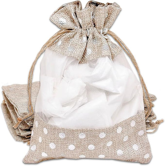 12-Pack Large Linen Burlap & Organza Gift Bags w. Drawstrings (6.5x8.5 in, Beige/Silver Polka) - Party Favors, Presents, Samples & Treats Mesh Pouch by The Display Guys