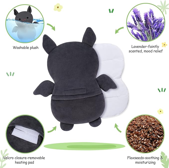 Bat Microwavable Heating Pad for Kid and Women, Plush Animal Microwave Heating Pad for Cramps & Period Pain Relief, Lavender Scented Heated Pad for Neck Knee Pain, Warmer Pad for Birthday Mother's Day