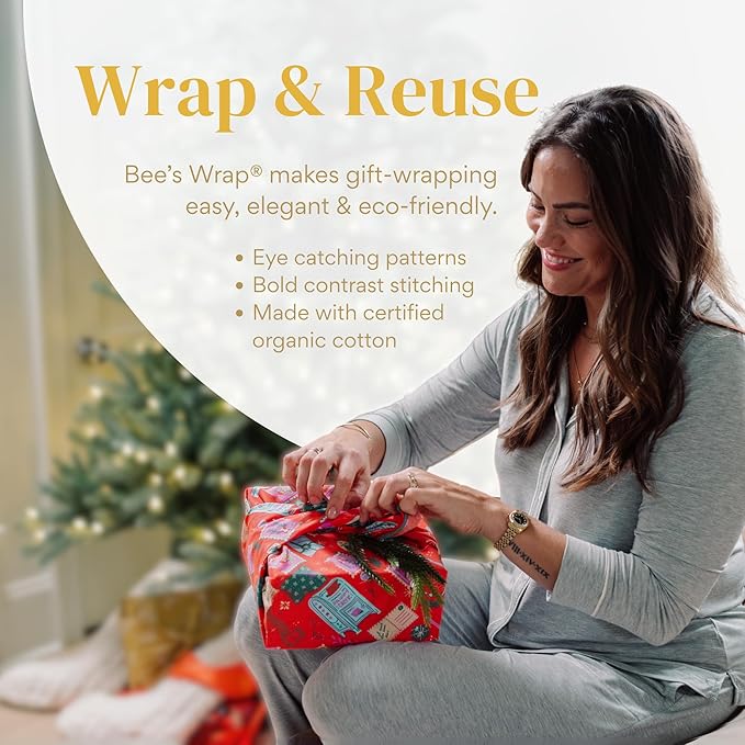 Bee's Wrap Furoshiki Reusable Cotton Fabric Wrapping Paper - Mustard Honeycomb Pack of 4 Gift Wraps - Gift Wrapping Supplies - Eco Friendly Alternative to Bags and Paper Rolls
