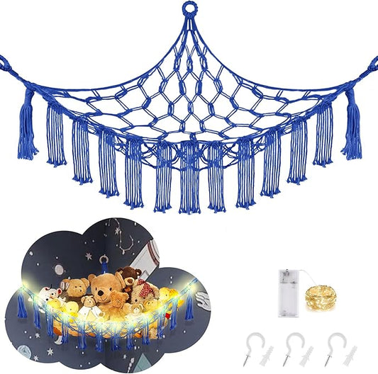 CERETIA Stuffed Animal Hammock with LED Light, Toy Hammock for Stuffed Animals Storage for Kids Room Decor, Stuffed Animal Hammock Corner, Royal Blue